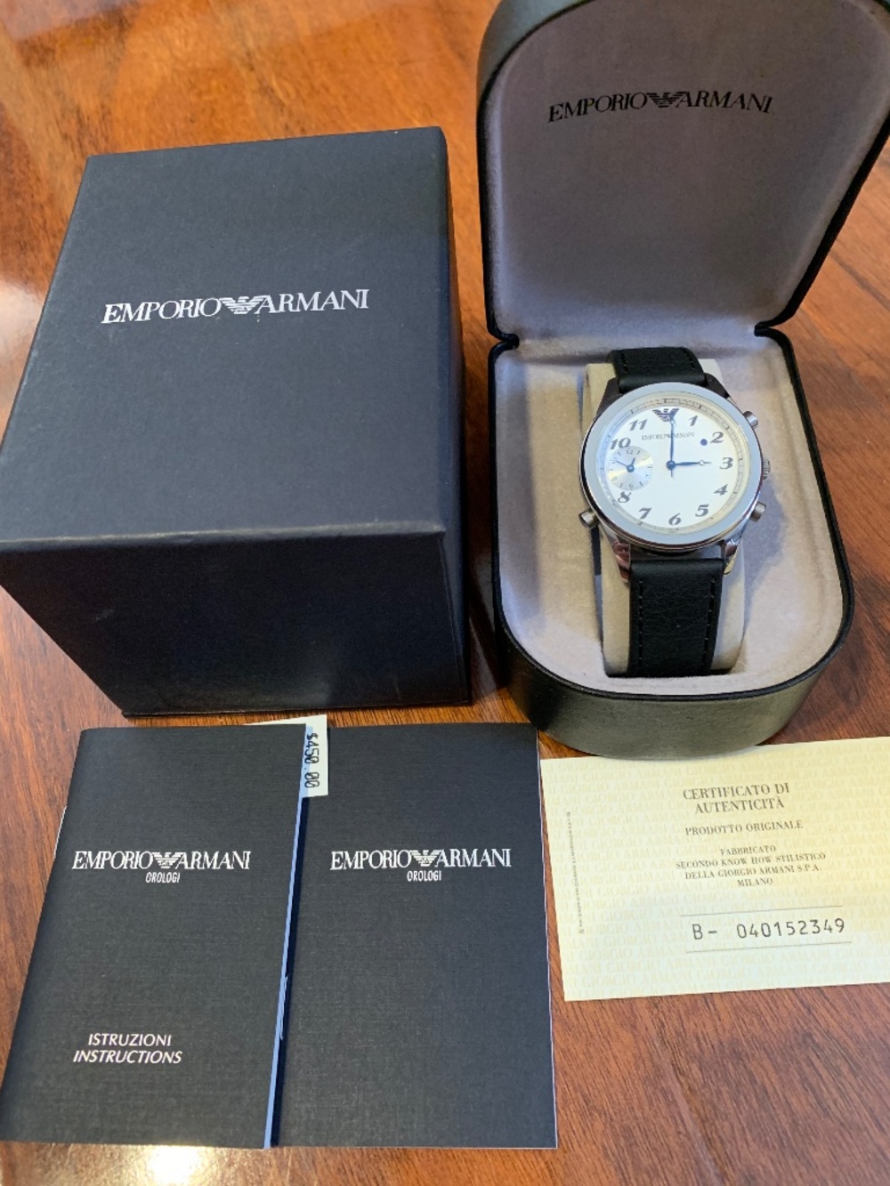 Emporio Armani Wrist Watch with Vibrating Alarm, Black Leather Strap, Certified